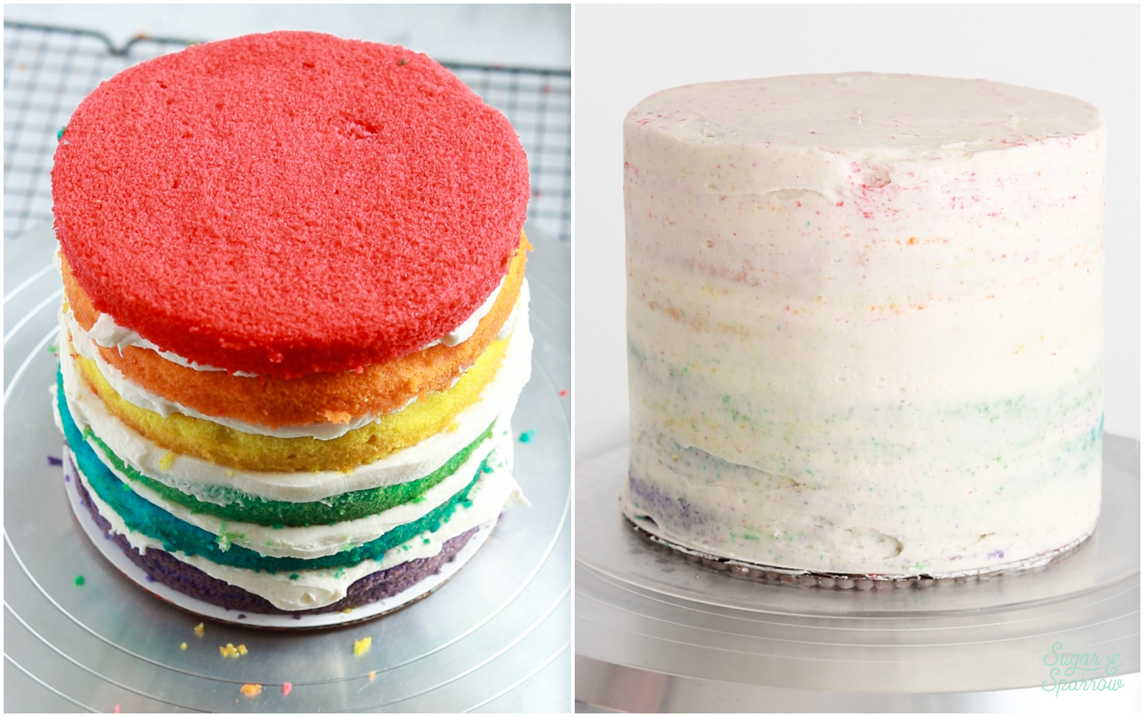 filling and crumb coating rainbow layer cake