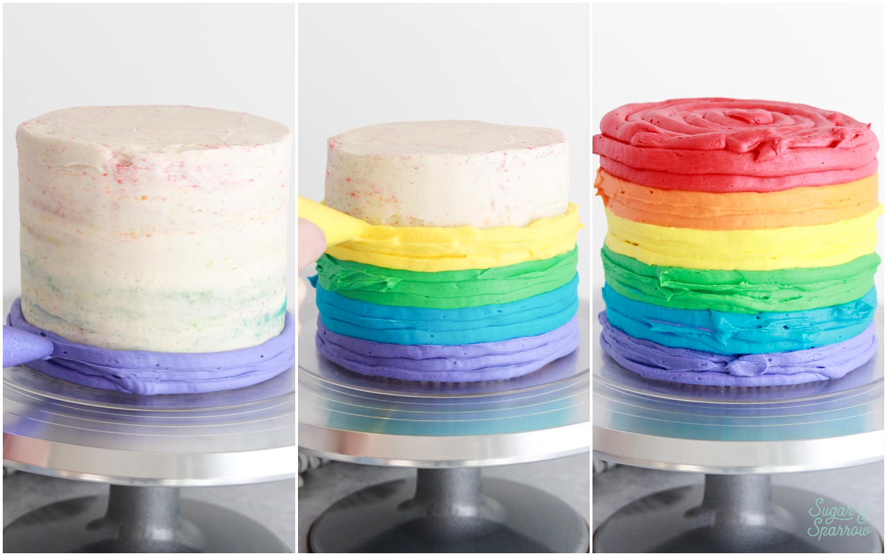 frosting a cake with rainbow buttercream stripes