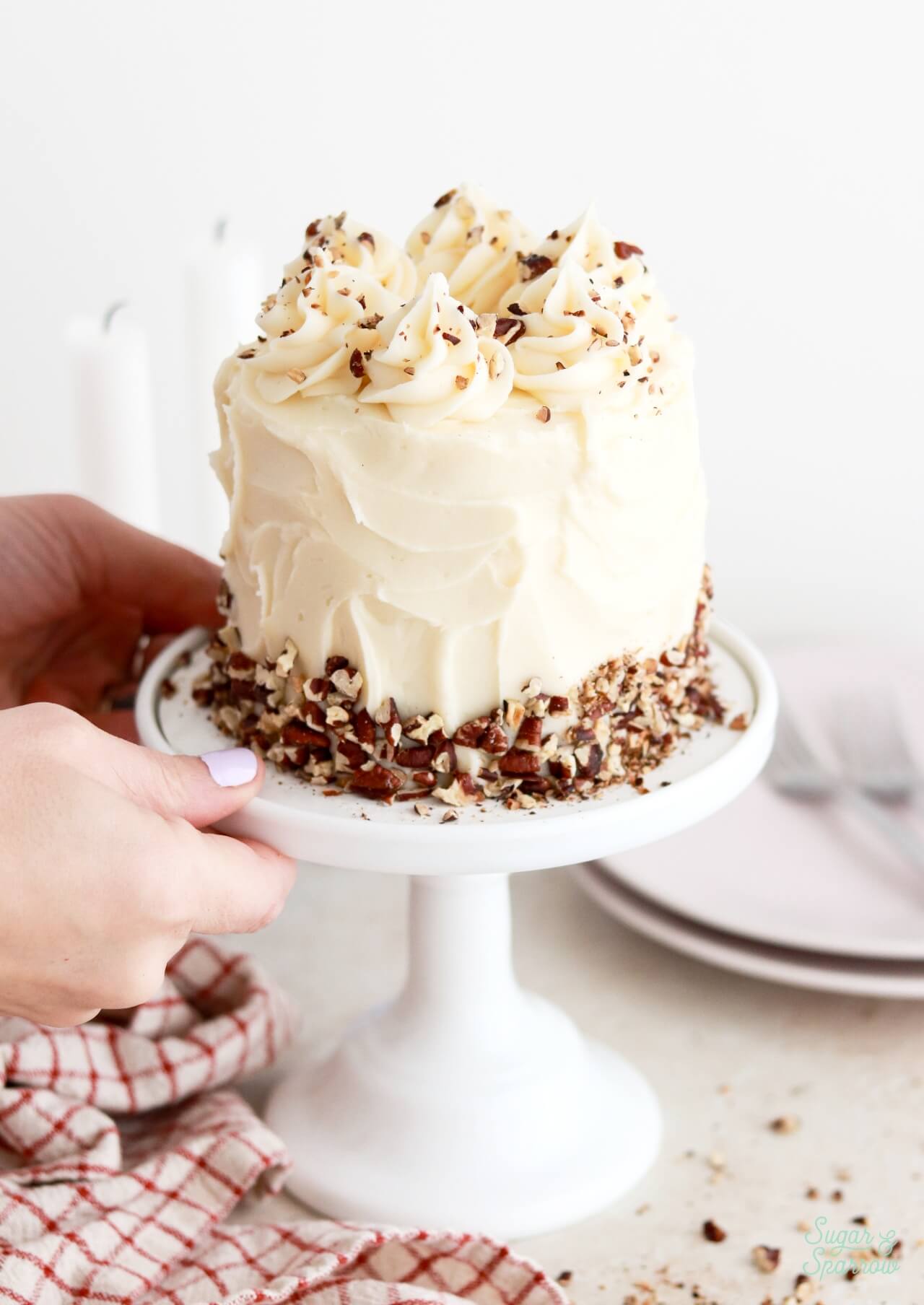 4-inch carrot cake layer cake recipe with cream cheese buttercream and toasted pecans