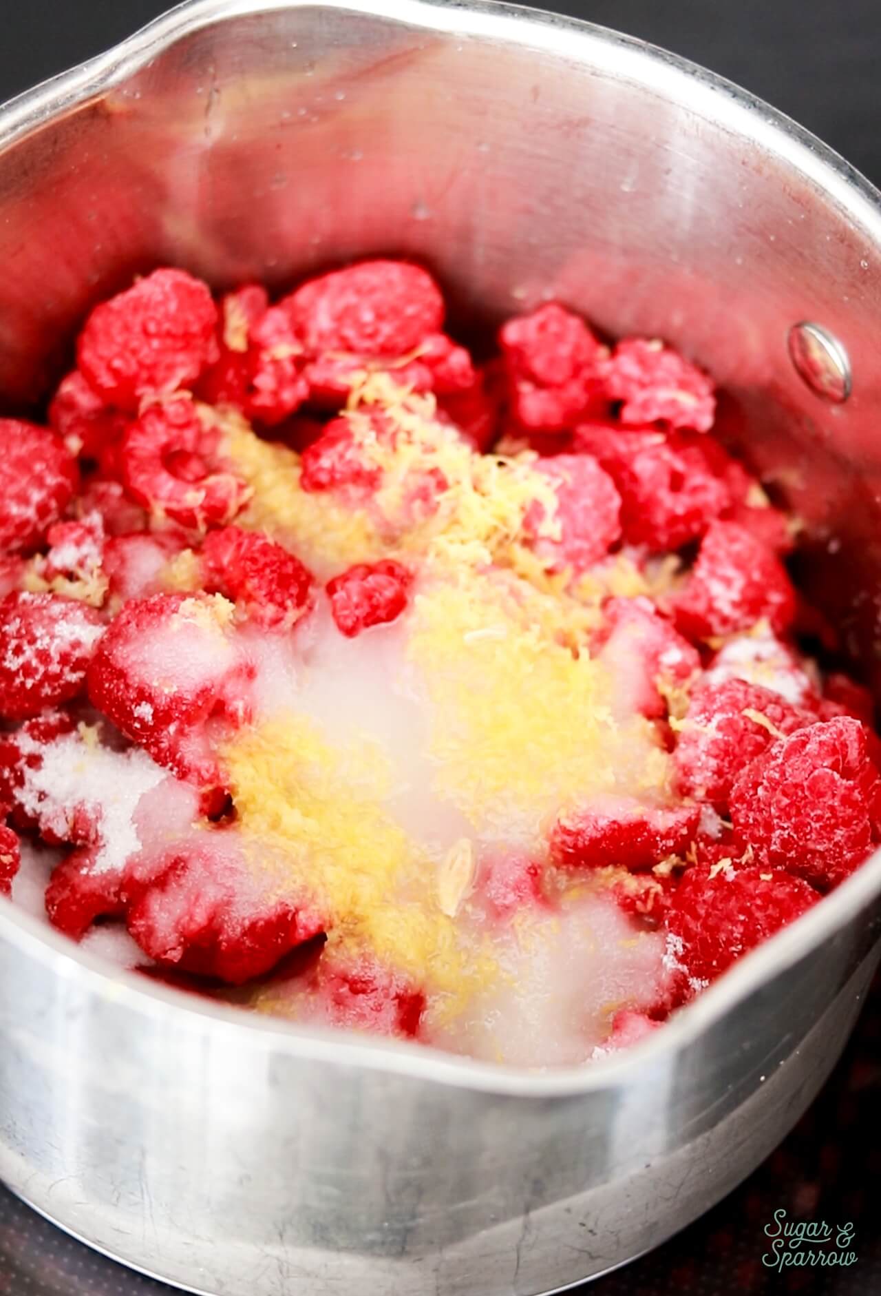 seedless raspberry cake filling ingredients in a medium saucepan