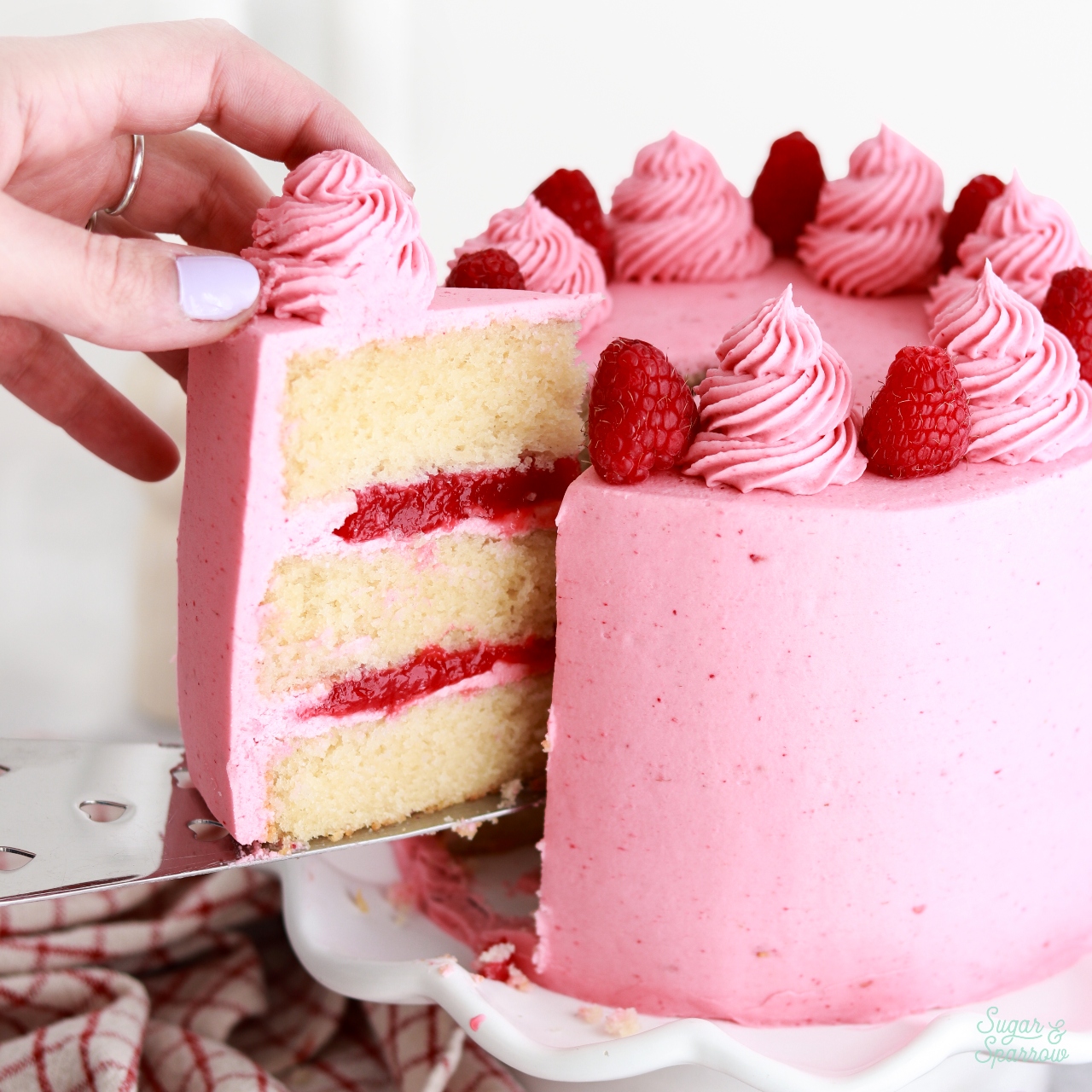 vanilla raspberry layer cake recipe with raspberry filling and raspberry frosting