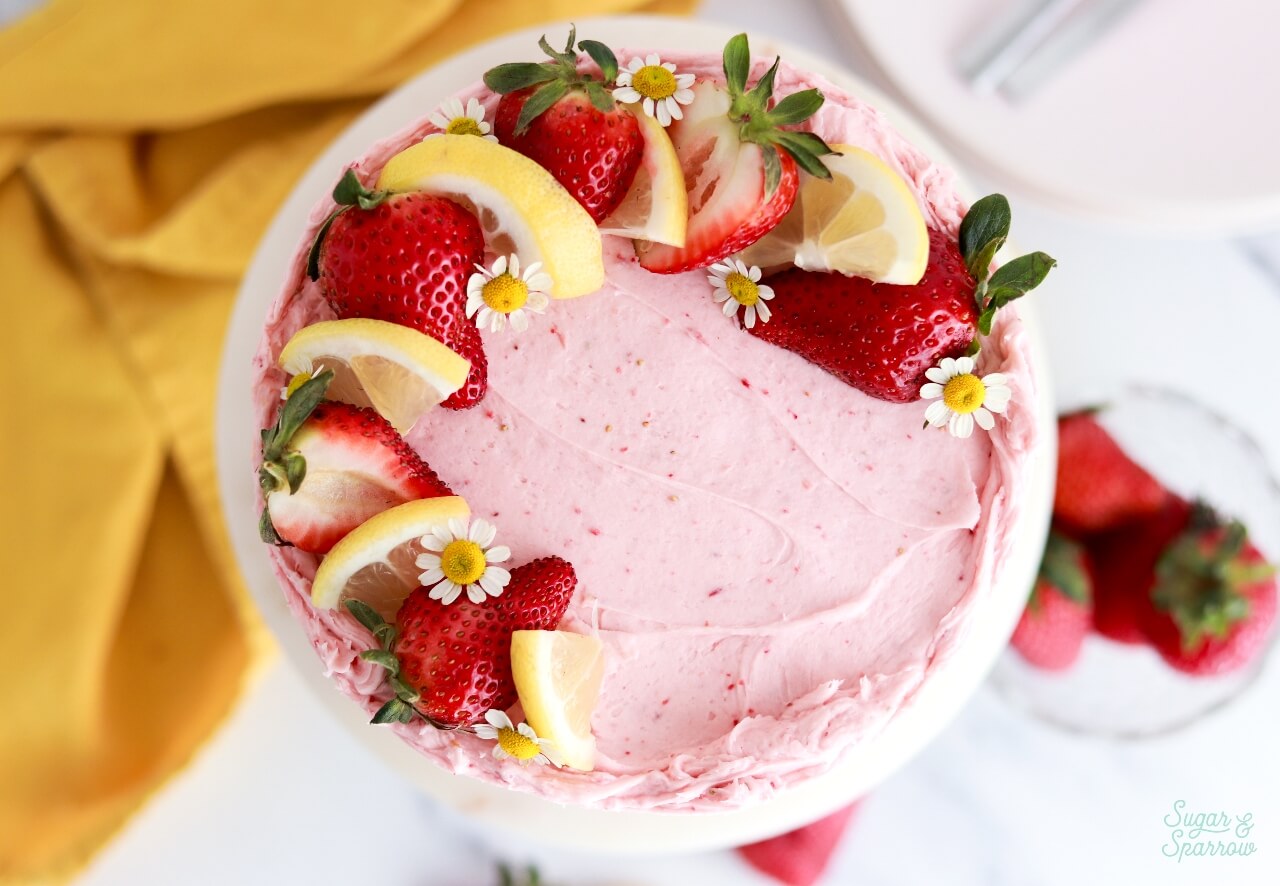 strawberry buttercream made with freeze-dried strawberries.