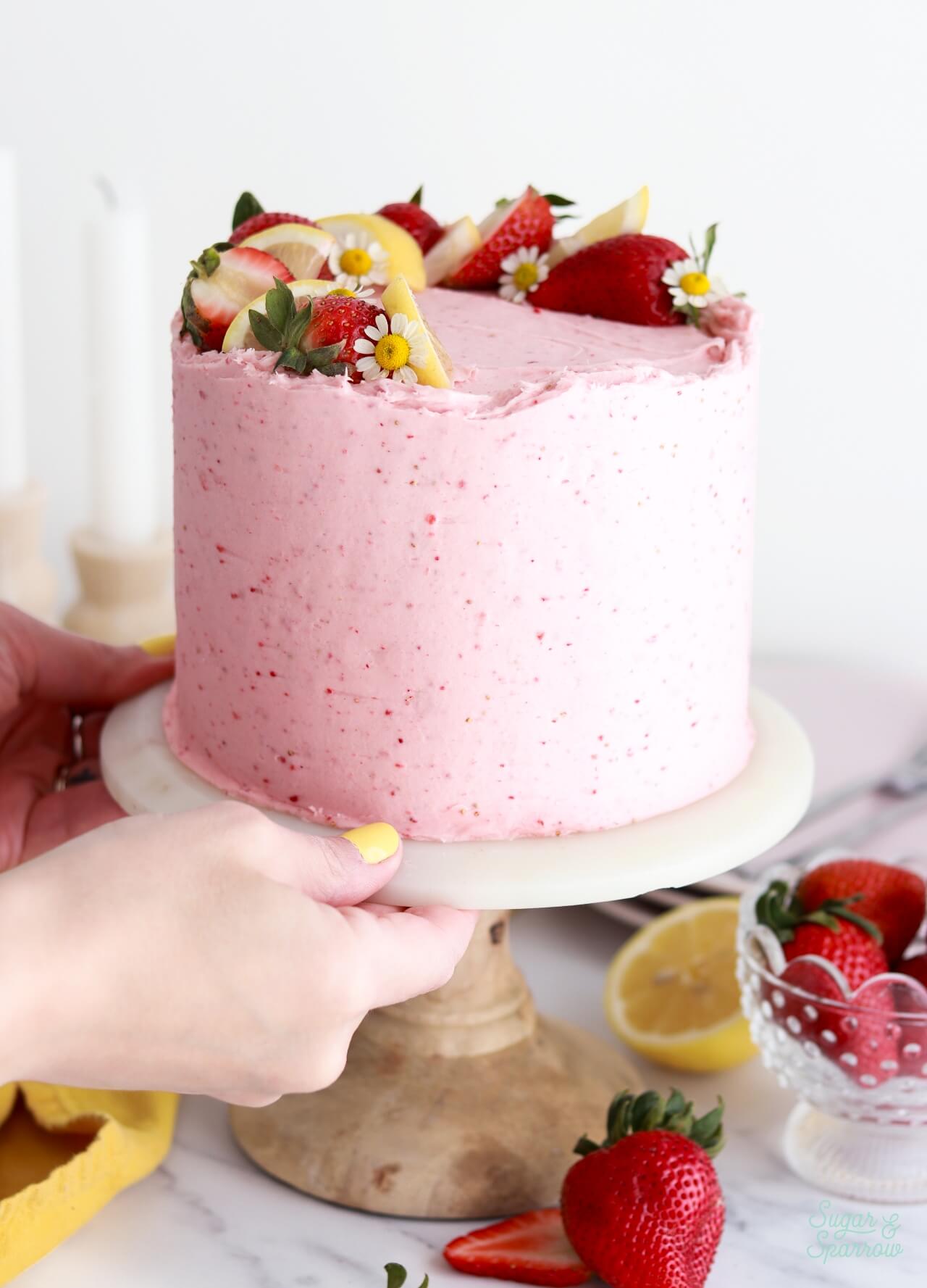 strawberry buttercream on lemon layer cake