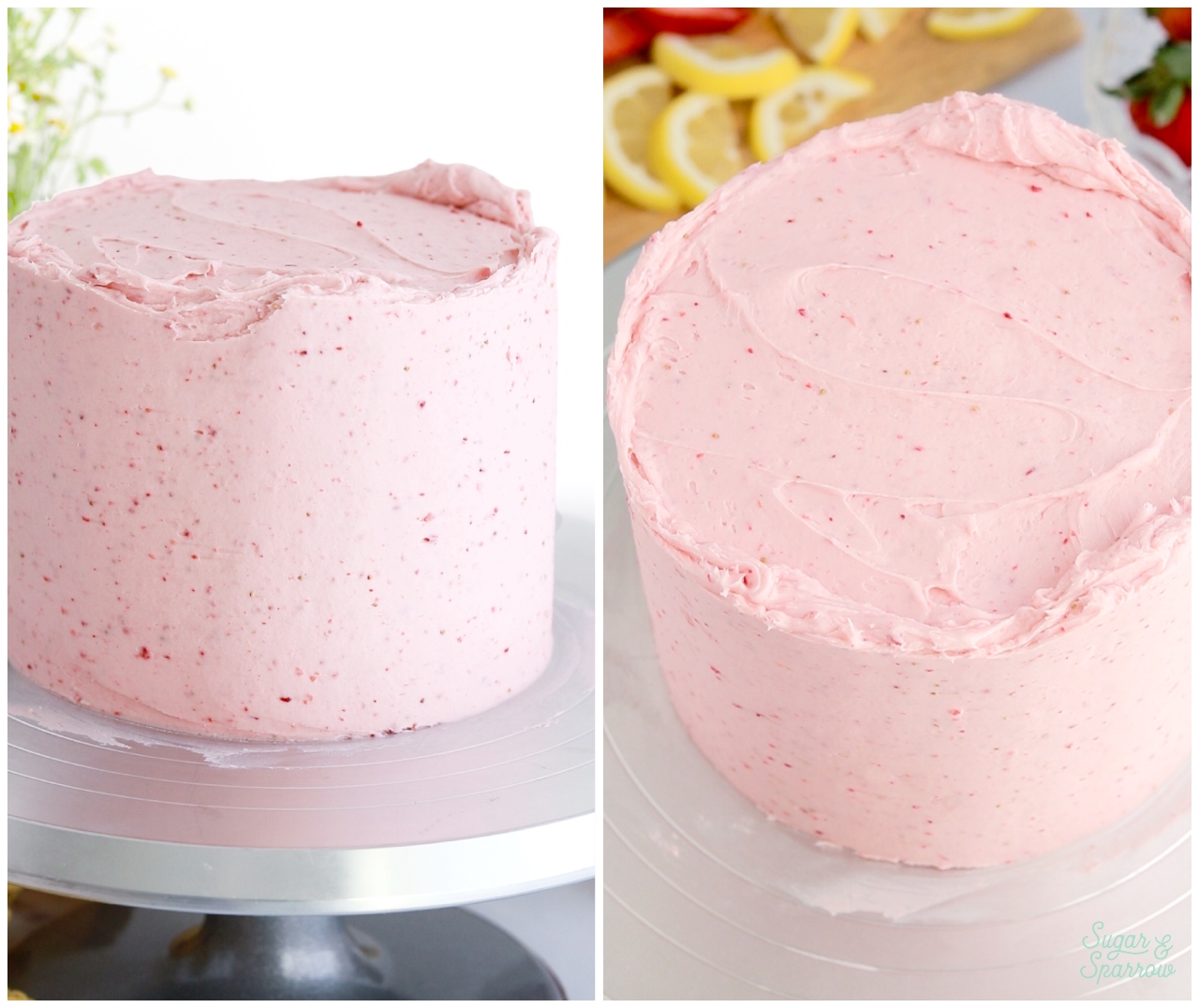 frosting a cake with strawberry buttercream