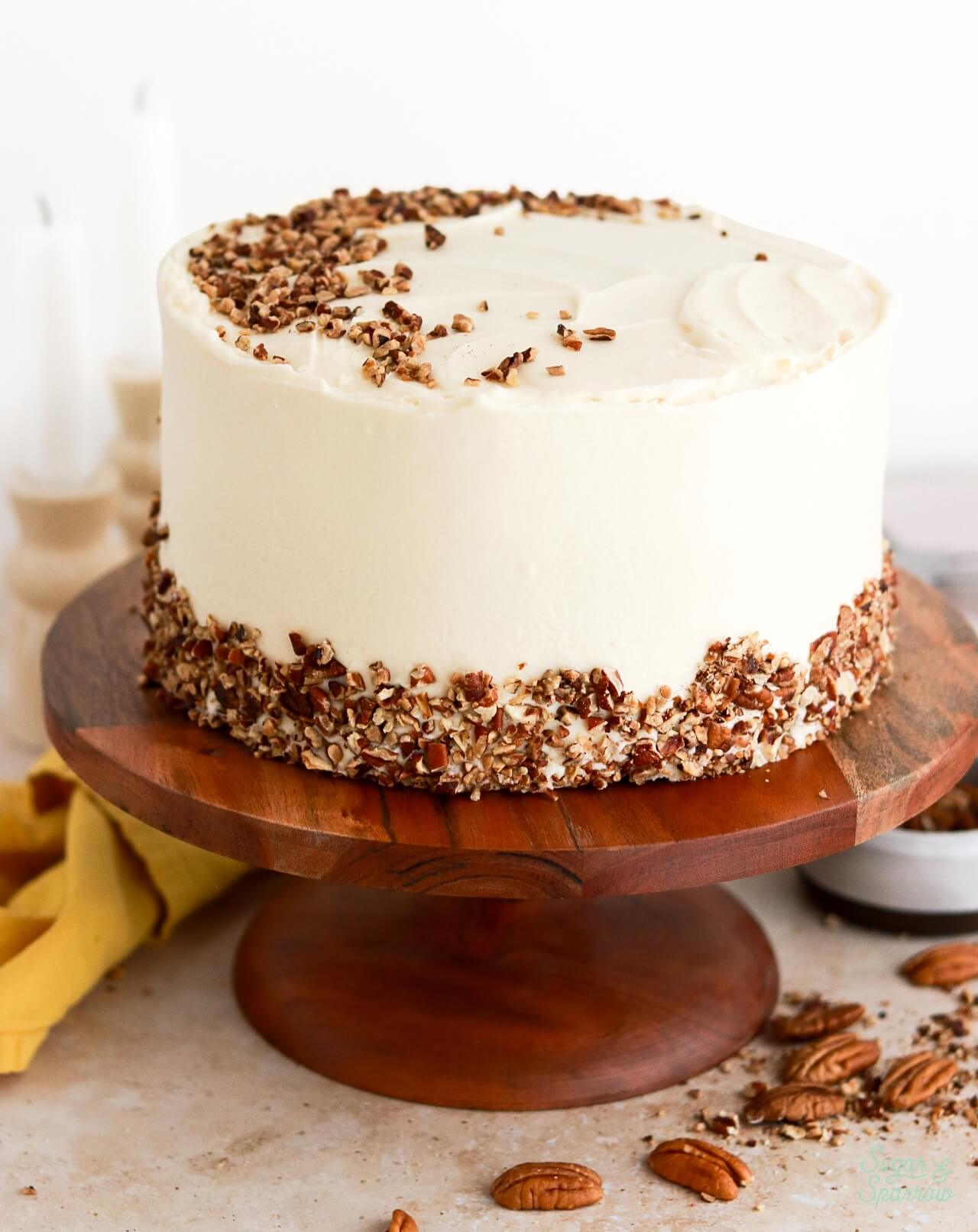 hummingbird cake with roasted bananas and toasted pecans