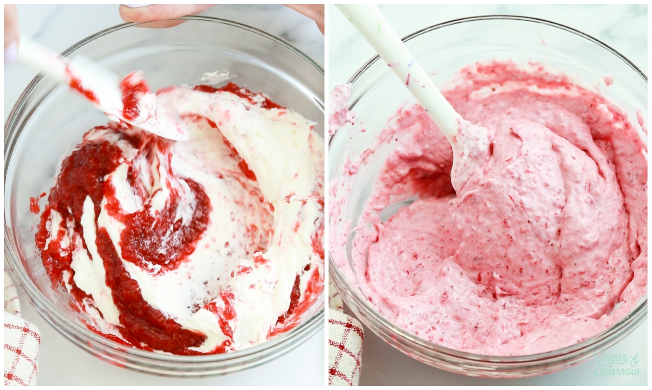 folding strawberry reduction into cheesecake filling