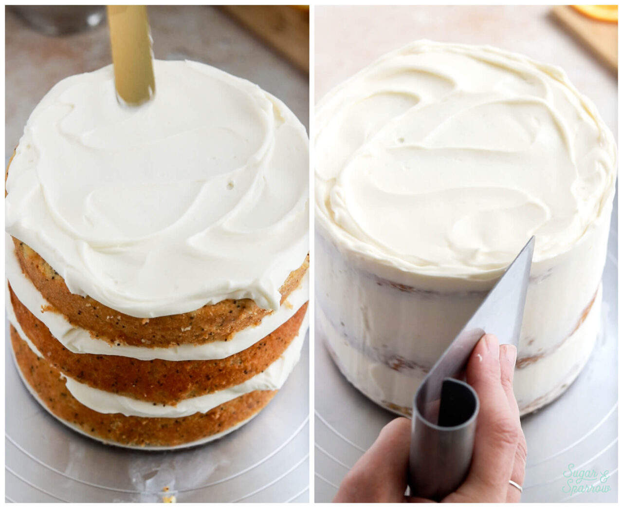 frosting semi-naked finish on cake with mascarpone frosting