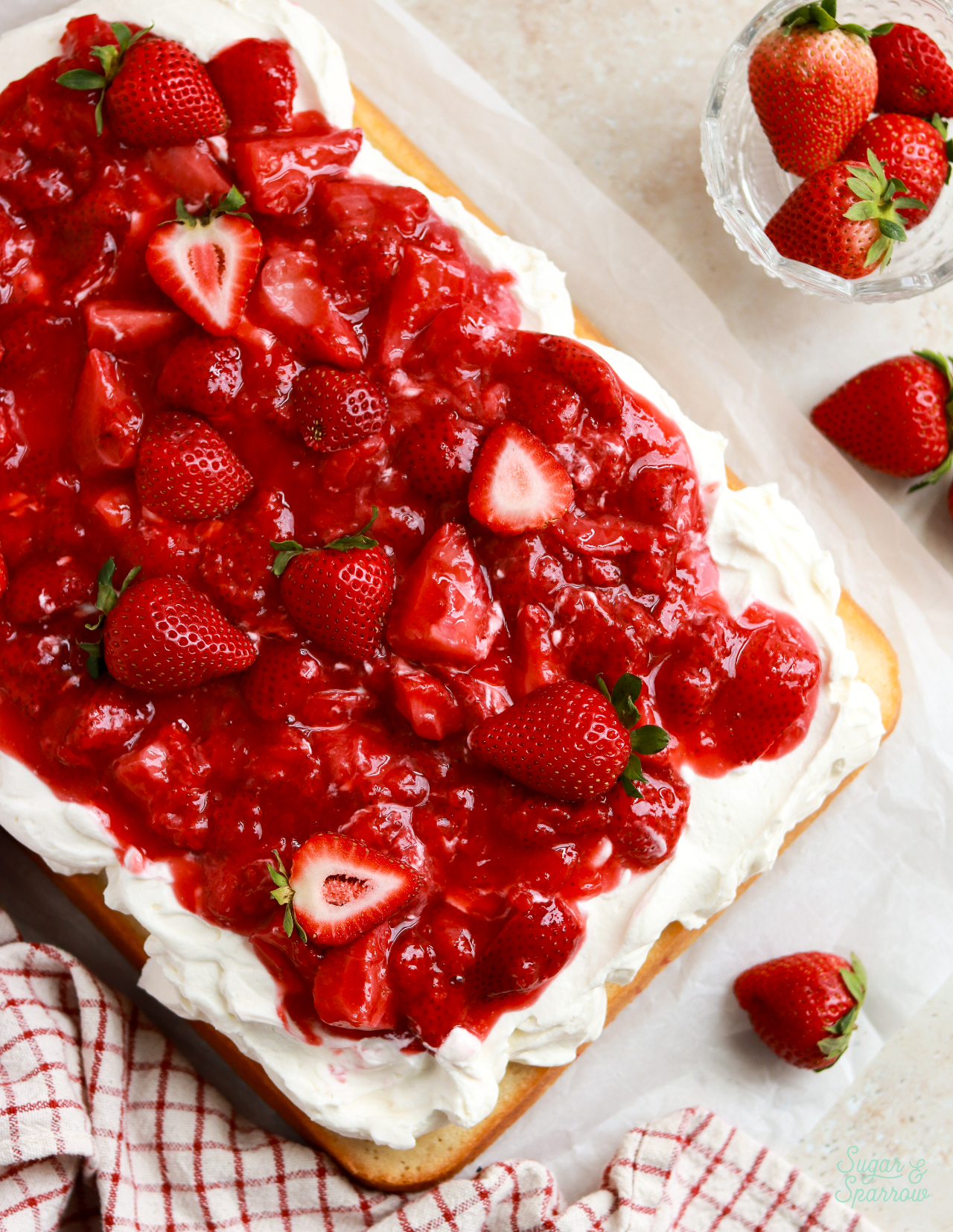 strawberry shortcake sheet cake recipe by sugar and sparrow