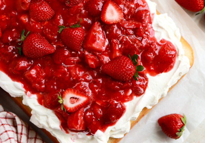 strawberry shortcake sheet cake baked in a 9x13 pan