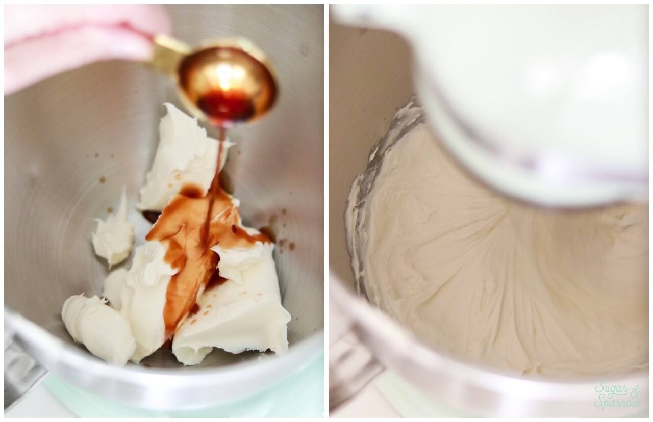 Creaming together mascarpone cheese, vanilla, and salt