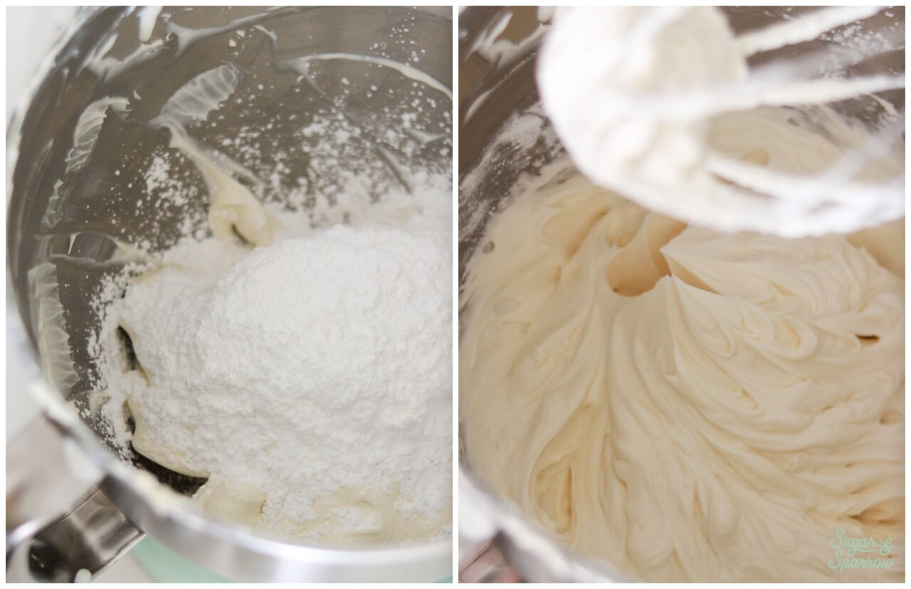 Adding powdered sugar to mascarpone whipped cream frosting