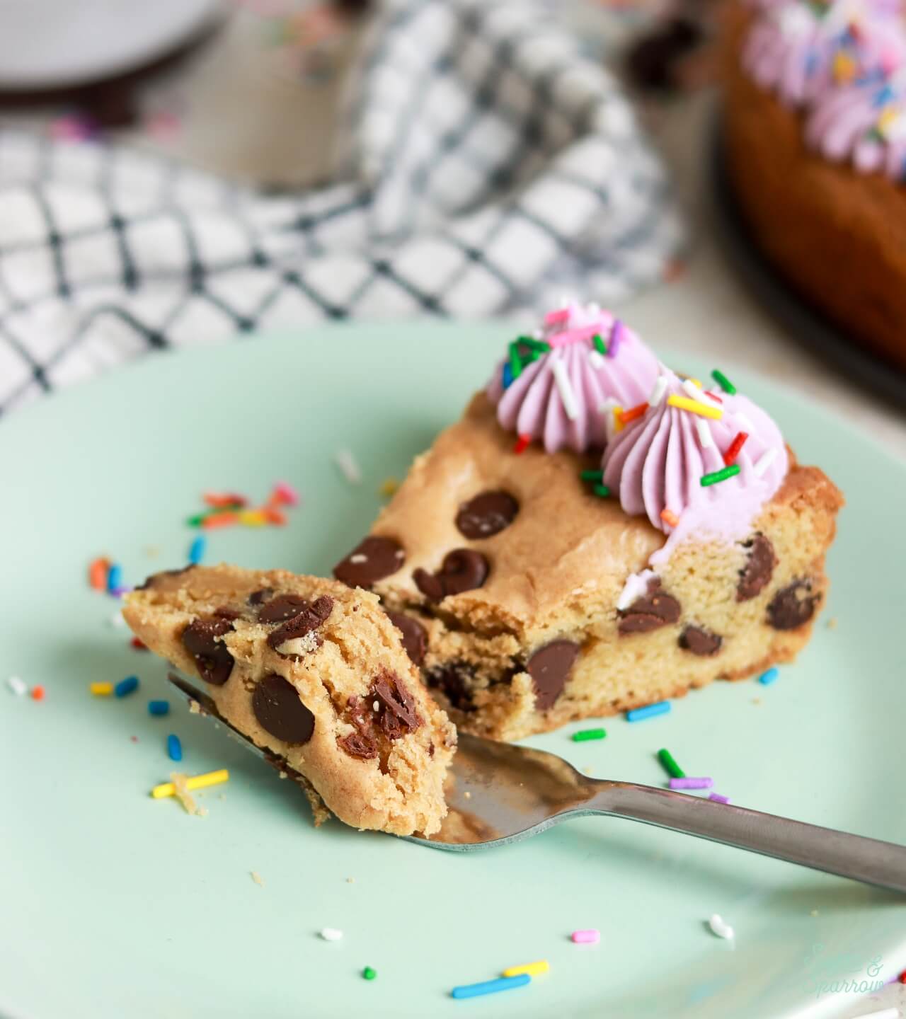 sliced chocolate chip cookie cake with chewy texture