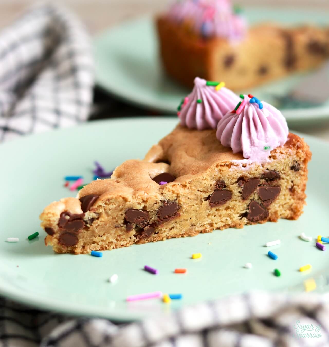 chocolate chip cookie cake slice on a plate