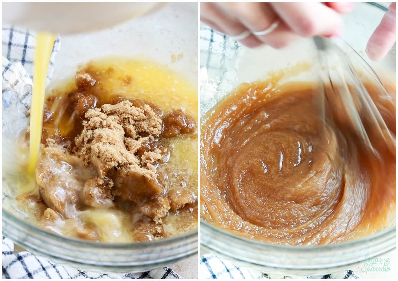 combining melted butter with sugars for cookie cake recipe