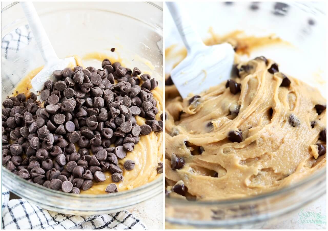 Folding chocolate chips into cookie dough