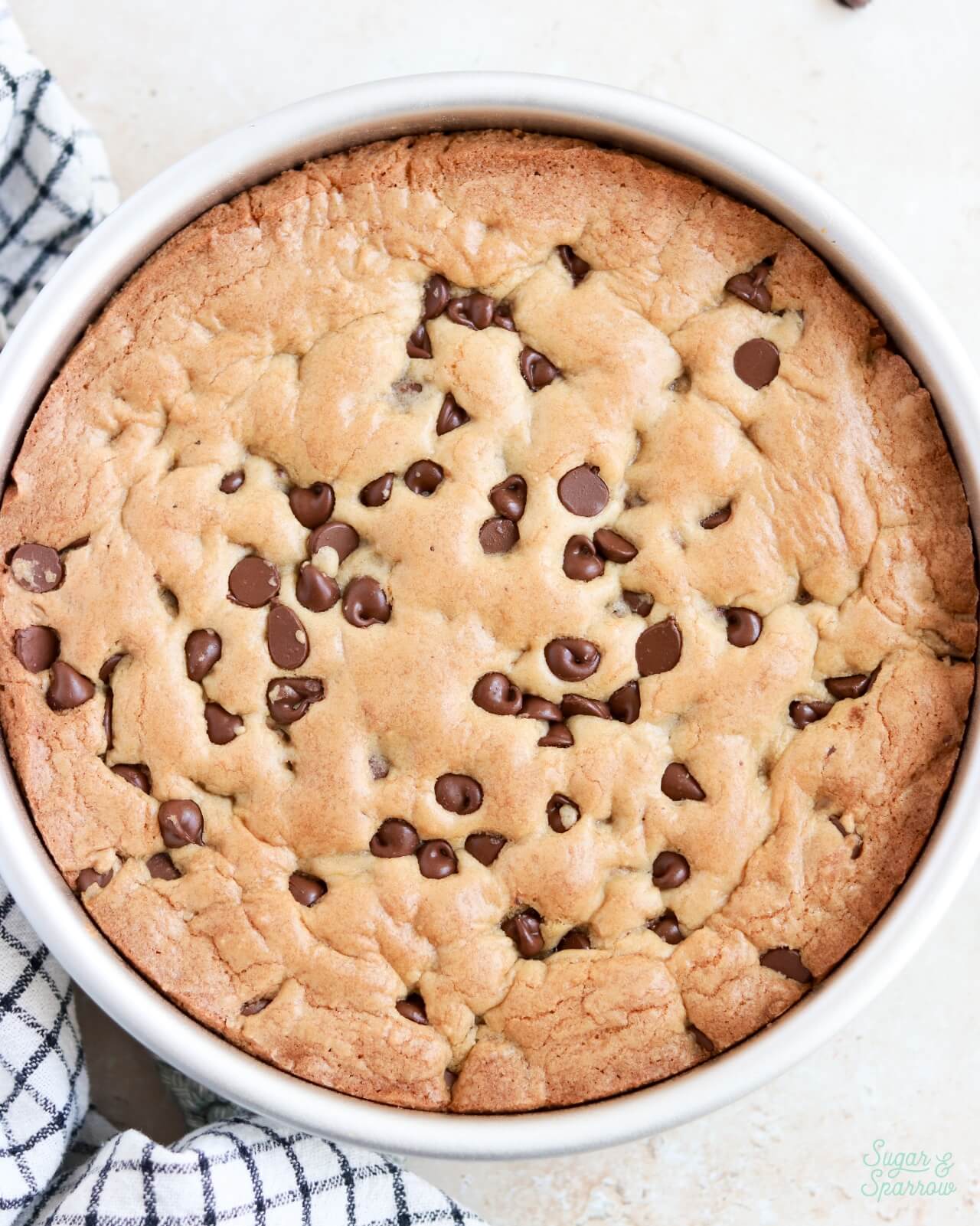 thick chocolate chip cookie baked in a 9 inch round pan