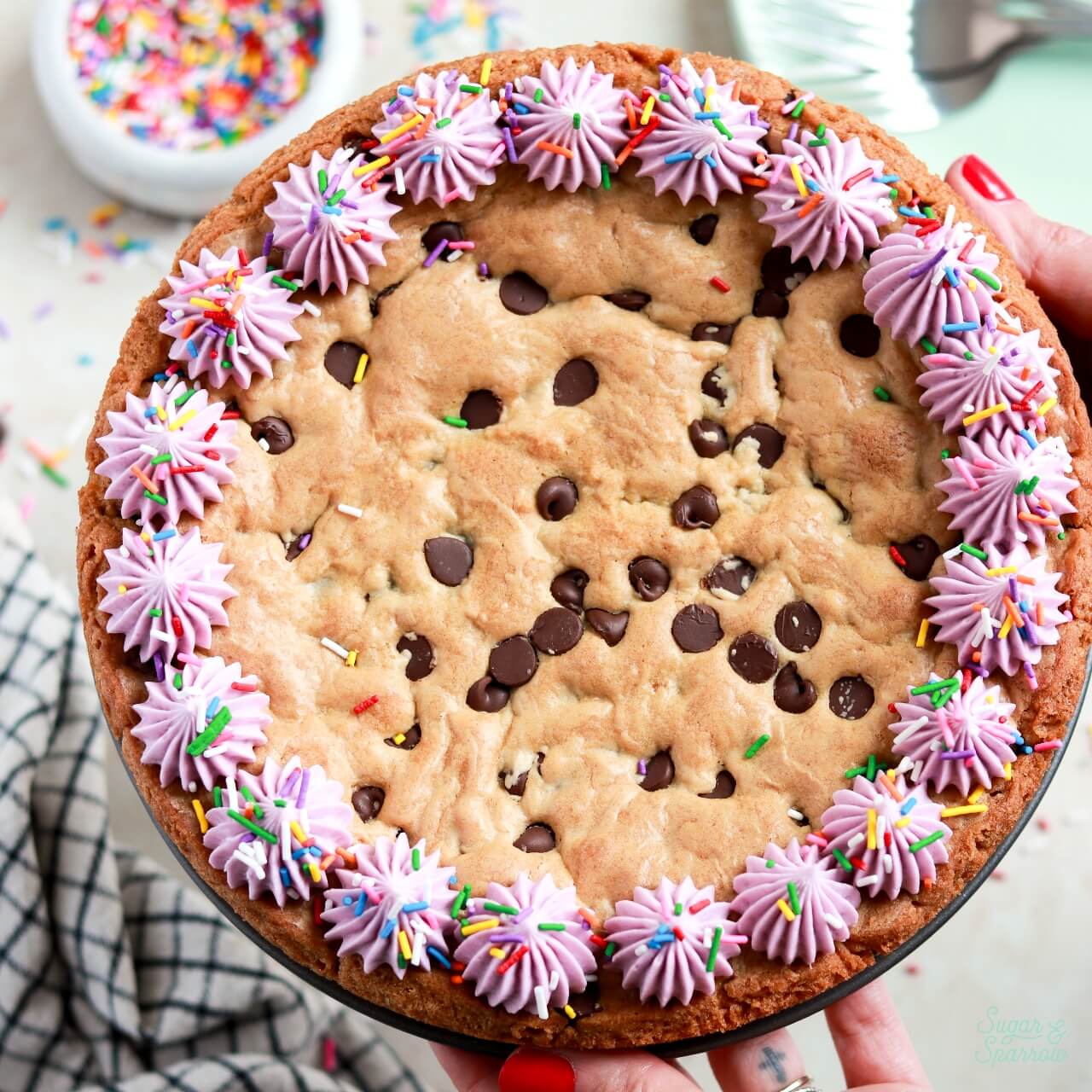 chocolate chip cookie cake recipe with vanilla buttercream border and sprinkles