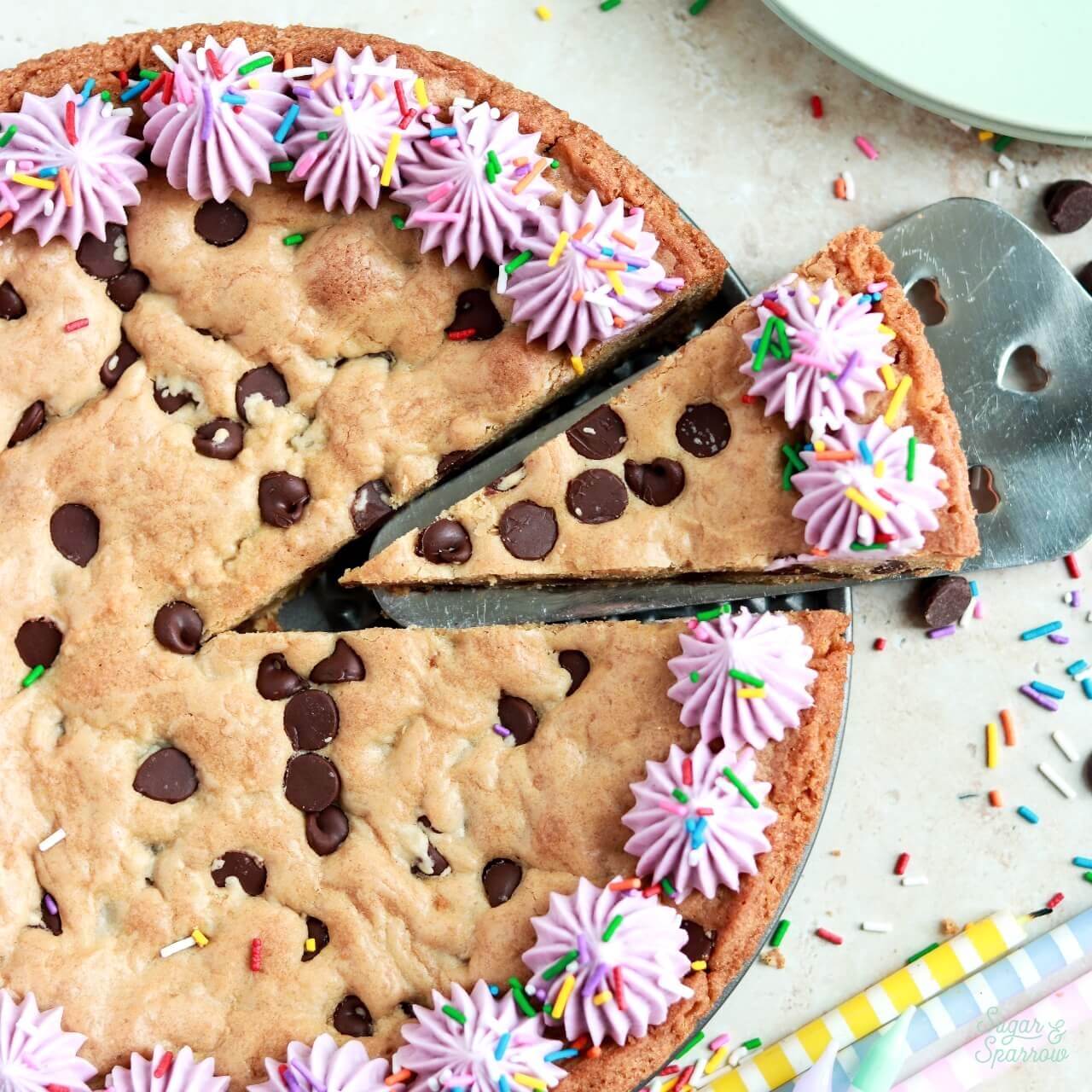 sliced chocolate chip cookie cake
