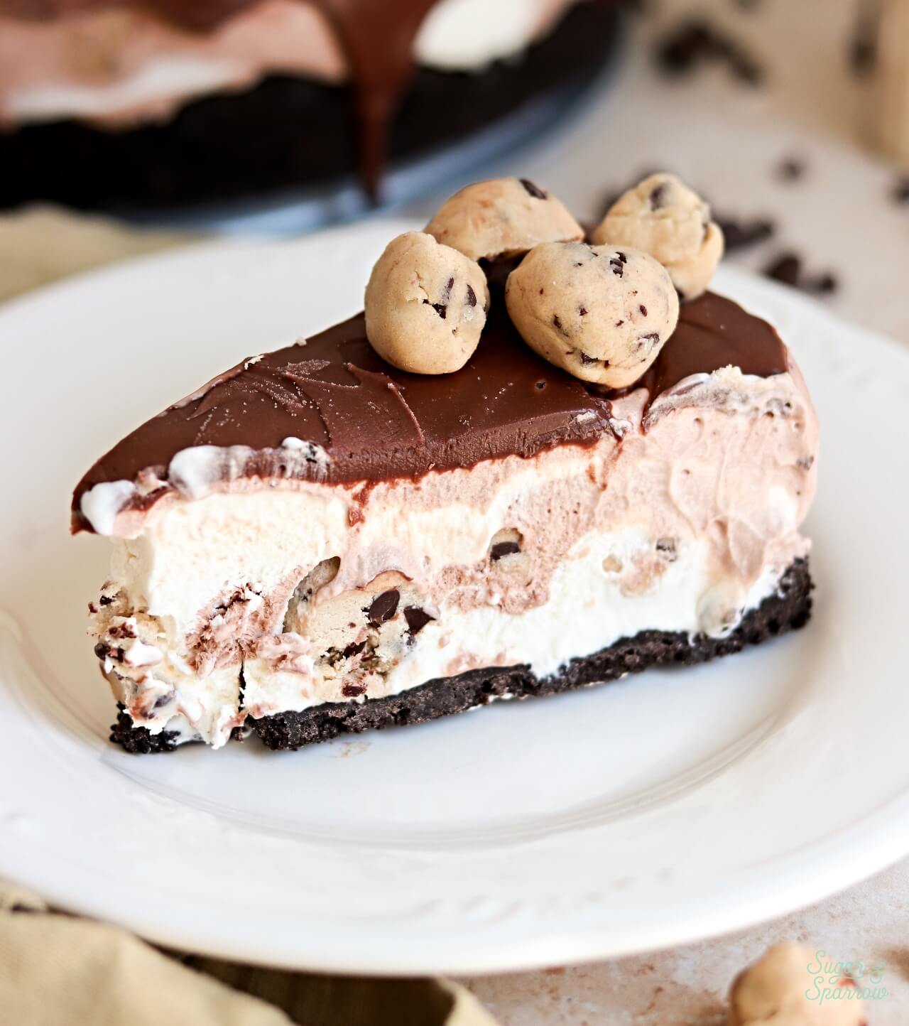 homemade chocolate chip cookie dough ice cream cake slice on a plate