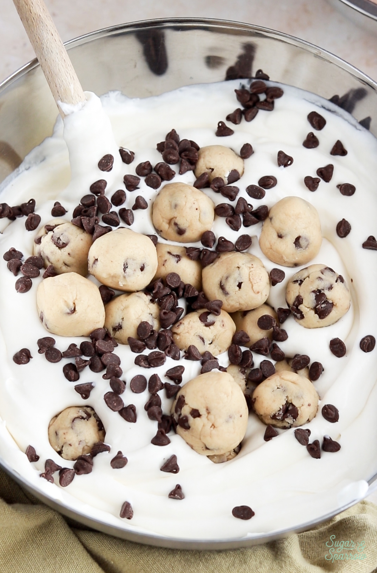 no-churn vanilla ice cream with cookie dough chunks
