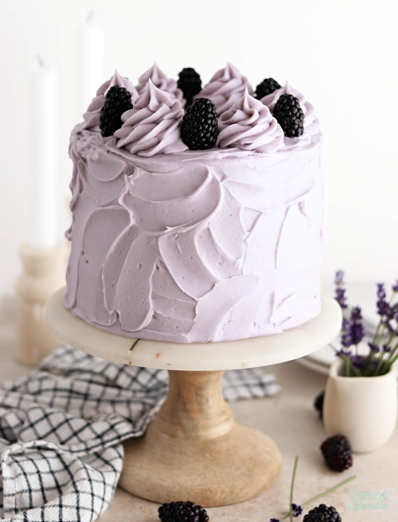 blackberry lavender cake by sugar and sparrow