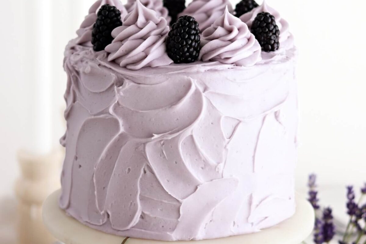 blackberry lavender cake with lavender buttercream and blackberry cake filling