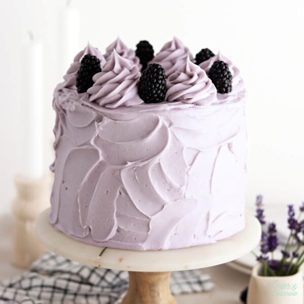 blackberry lavender cake with lavender buttercream and blackberry cake filling