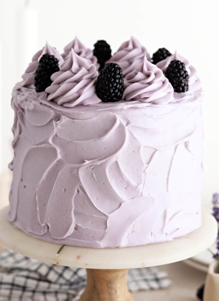 blackberry lavender cake with lavender buttercream and blackberry cake filling