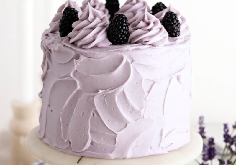 blackberry lavender cake with lavender buttercream and blackberry cake filling