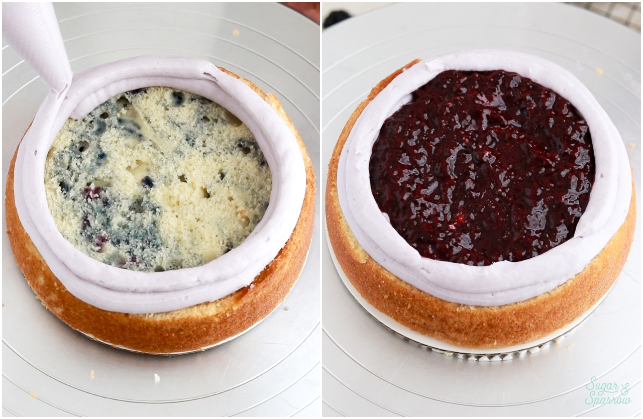 filling a layer cake with blackberry filling