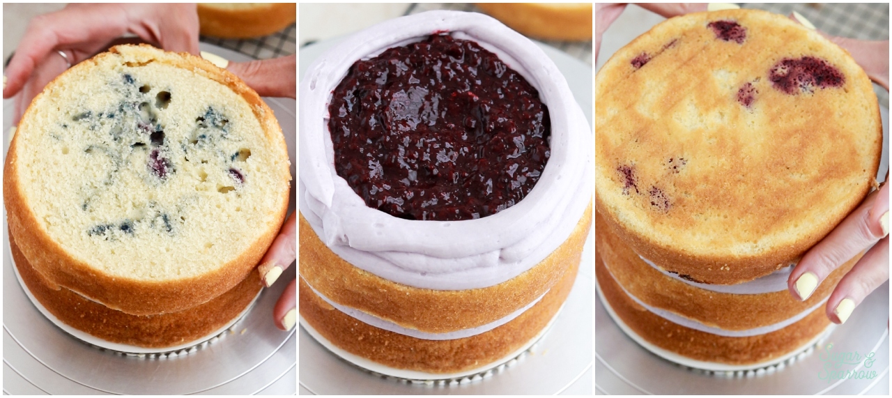 filling and stacking layer cake with blackberry cake filling