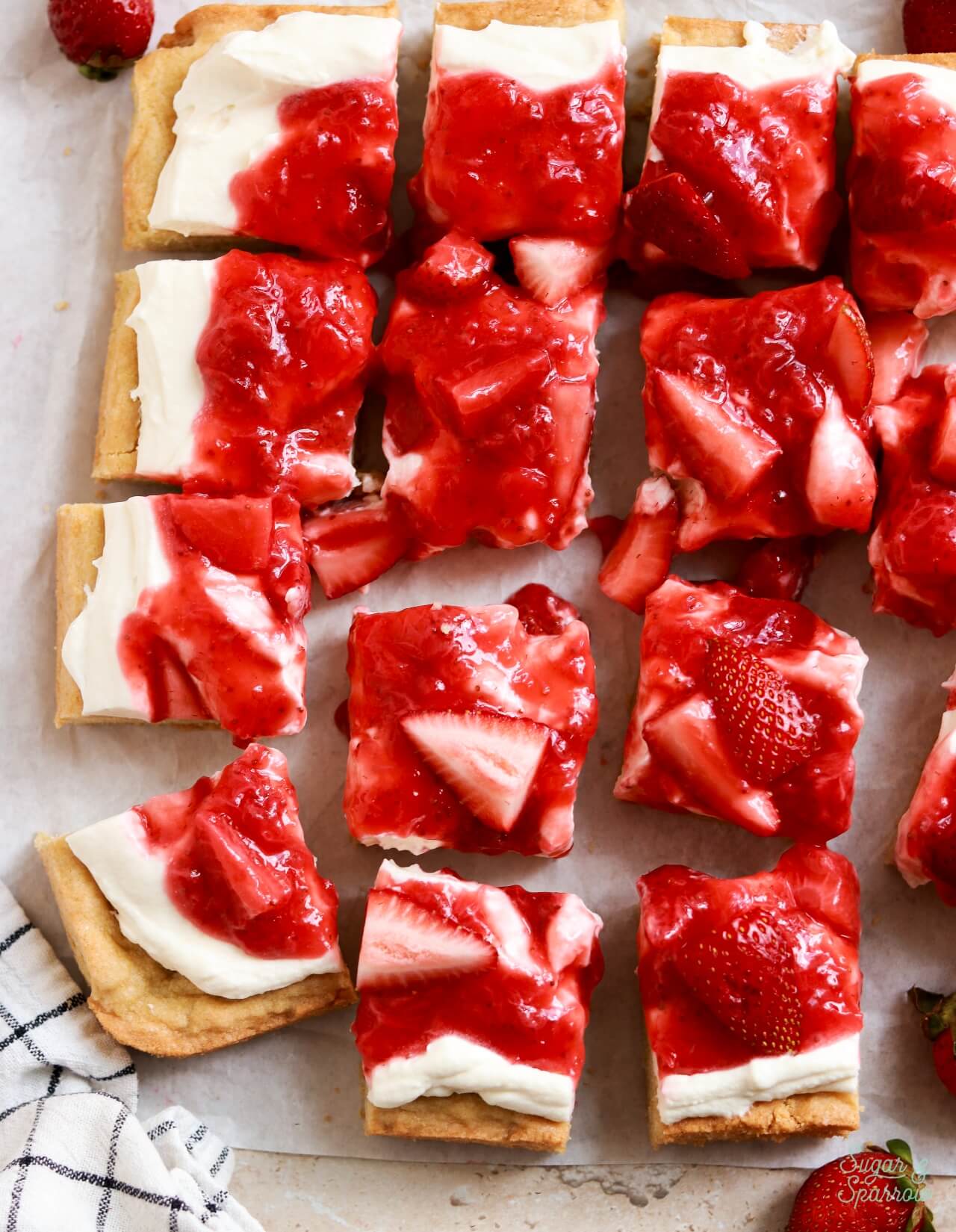 strawberry shortcake cookie bars sliced into squares