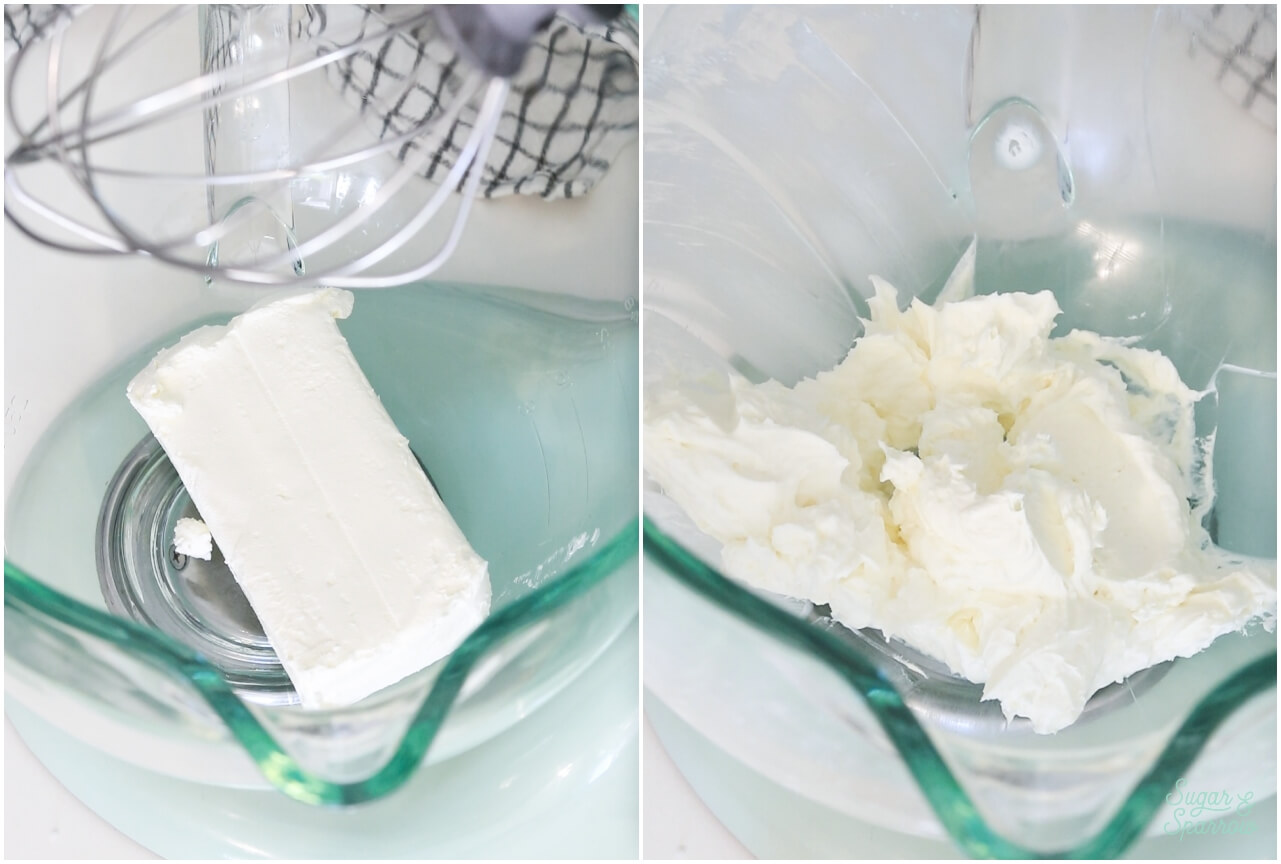 mixing cream cheese in a stand mixer until creamy