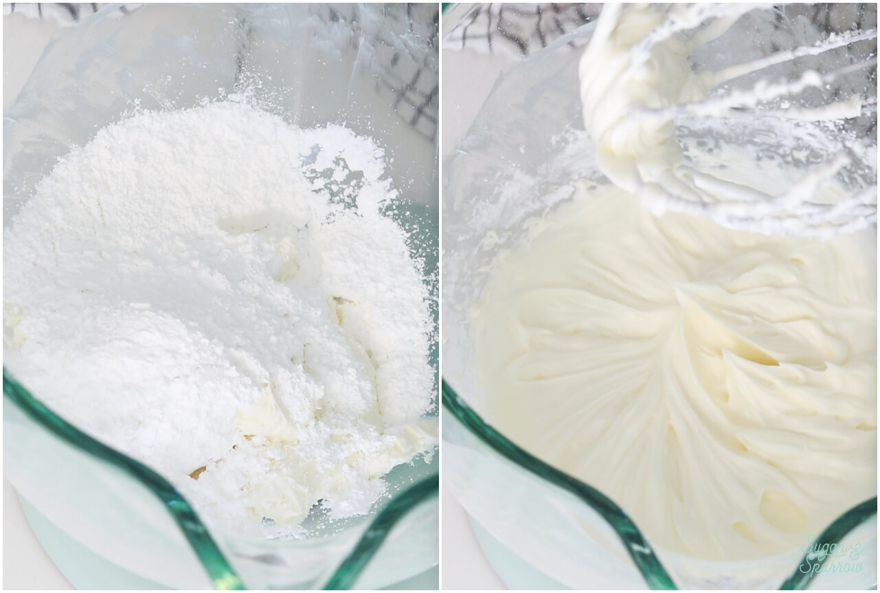mixing powdered sugar together with cream cheese