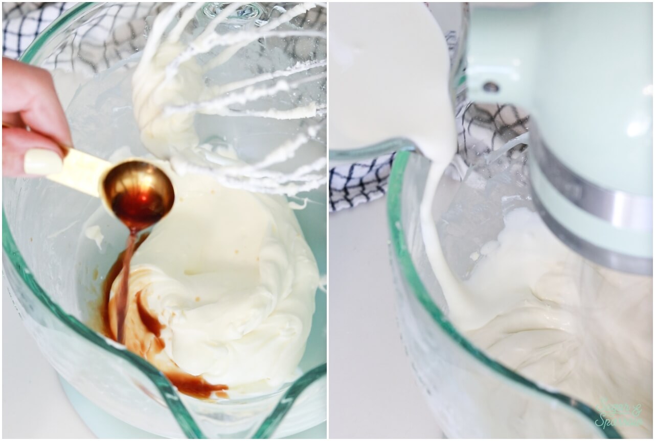 adding vanilla and whipped cream to cream cheese frosting
