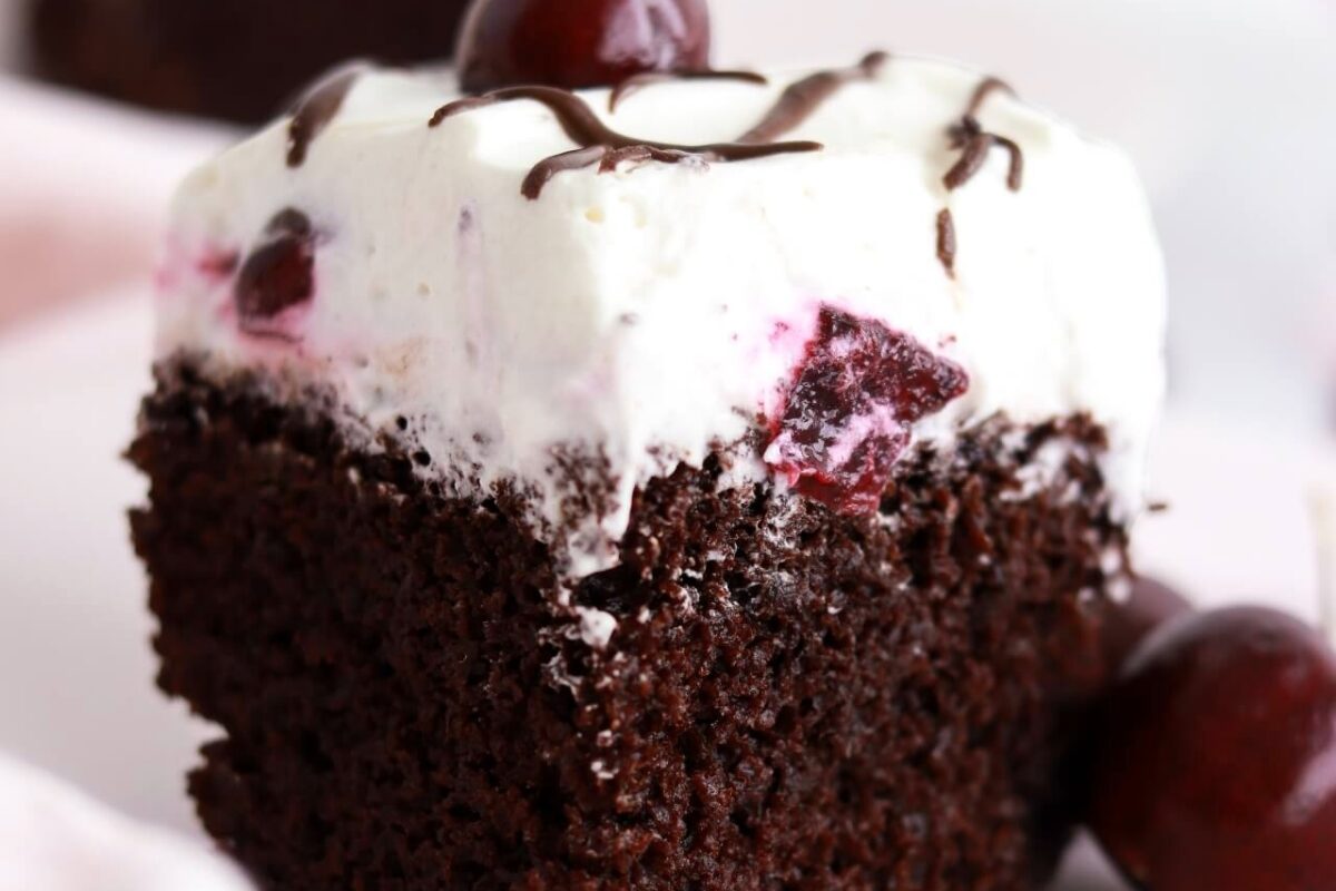 black forest sheet cake slice on a plate