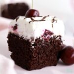 black forest sheet cake slice on a plate