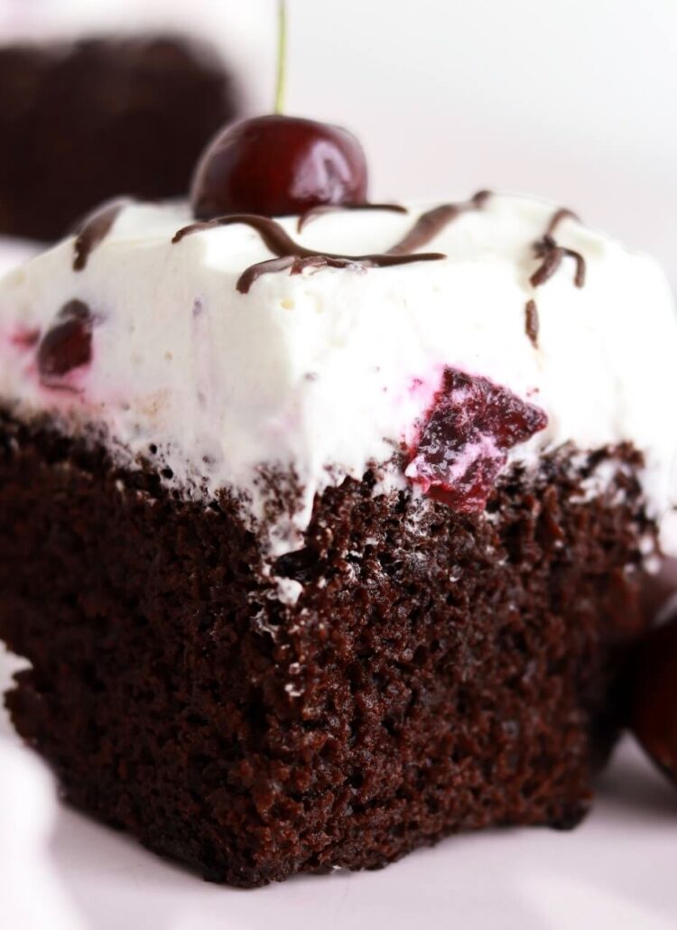 black forest sheet cake slice on a plate