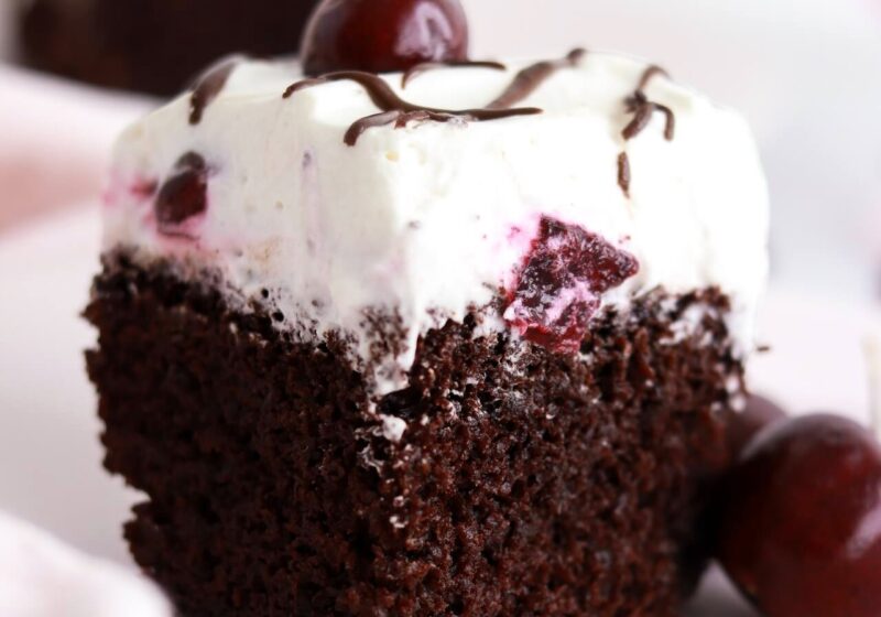 black forest sheet cake slice on a plate