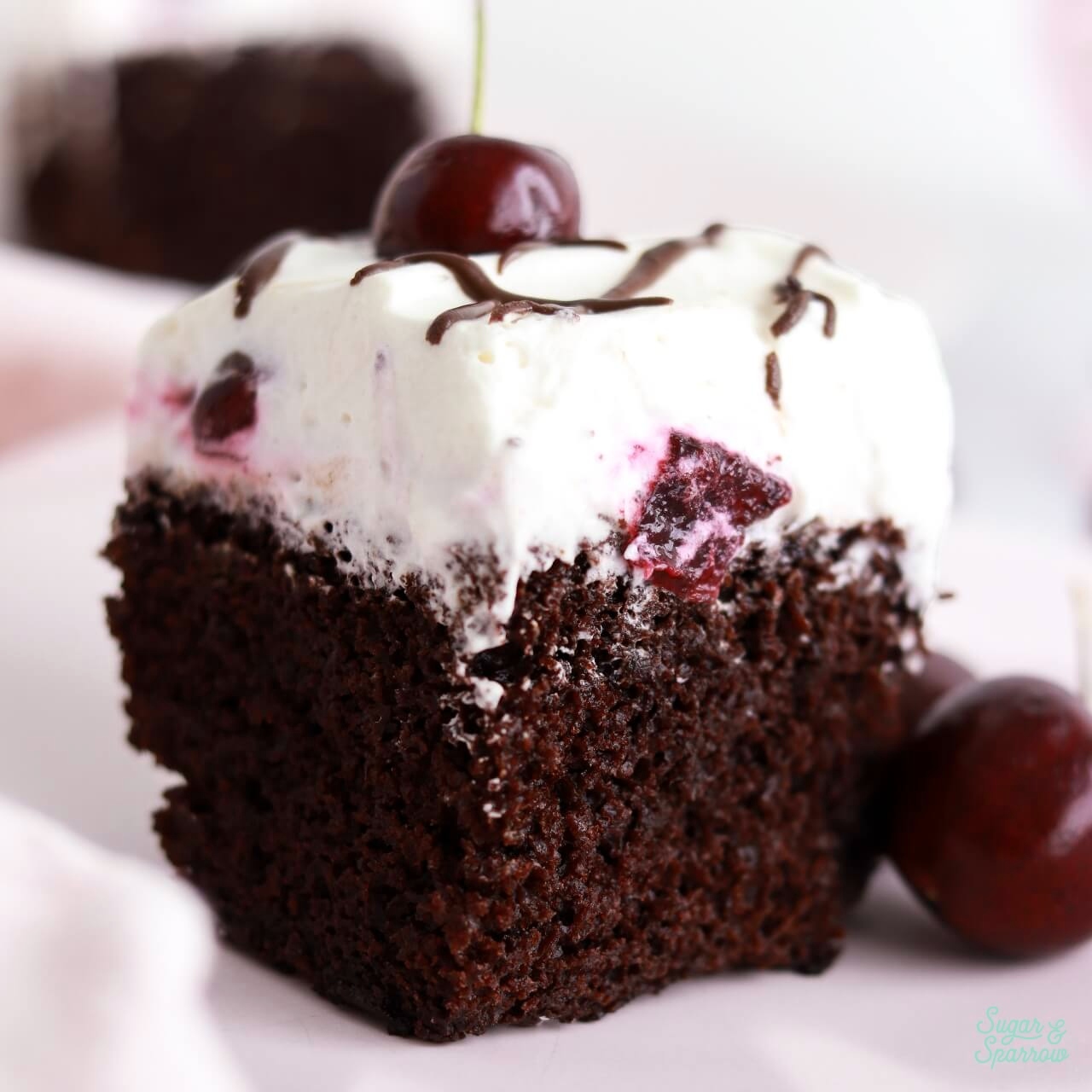 black forest sheet cake slice on a plate