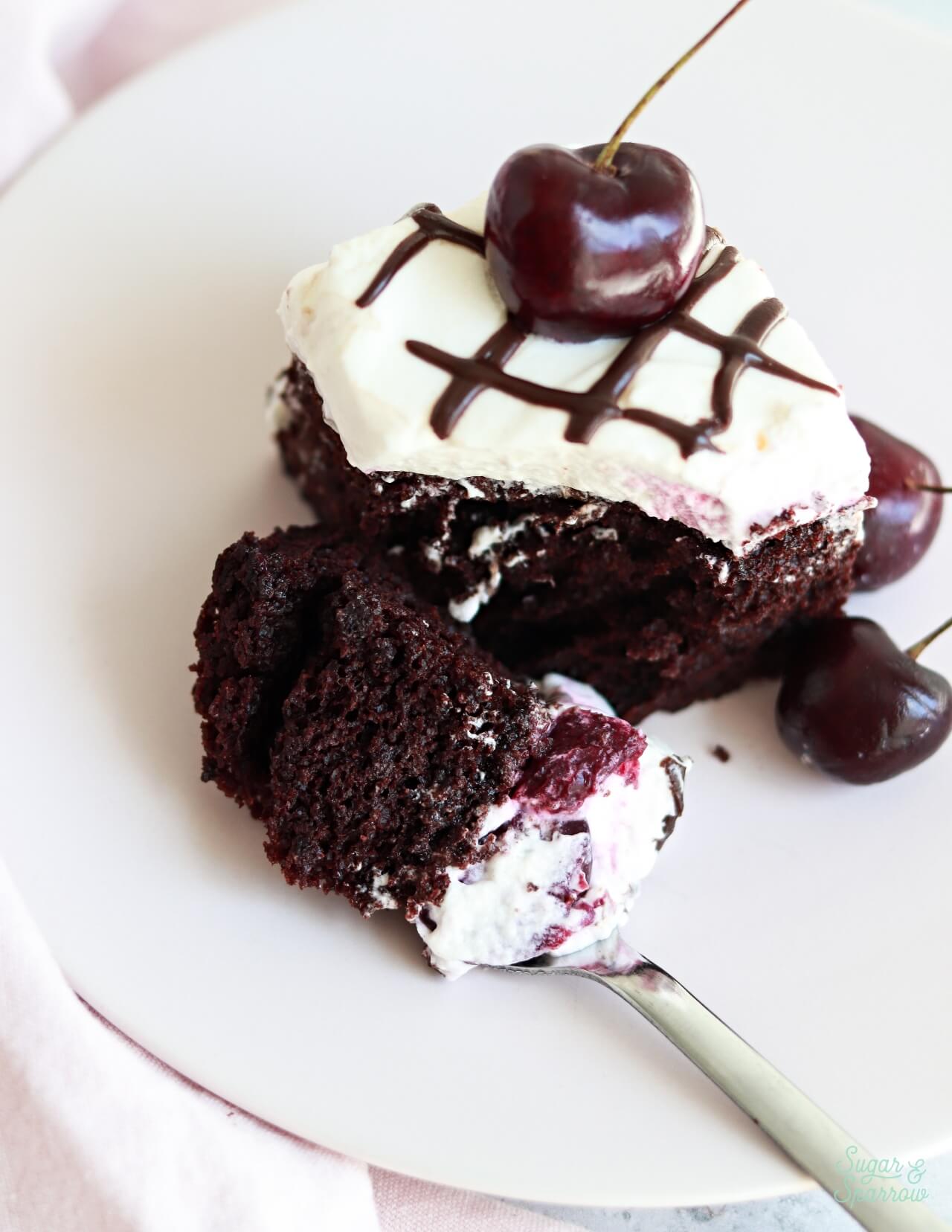 black forest cake slice on a plate