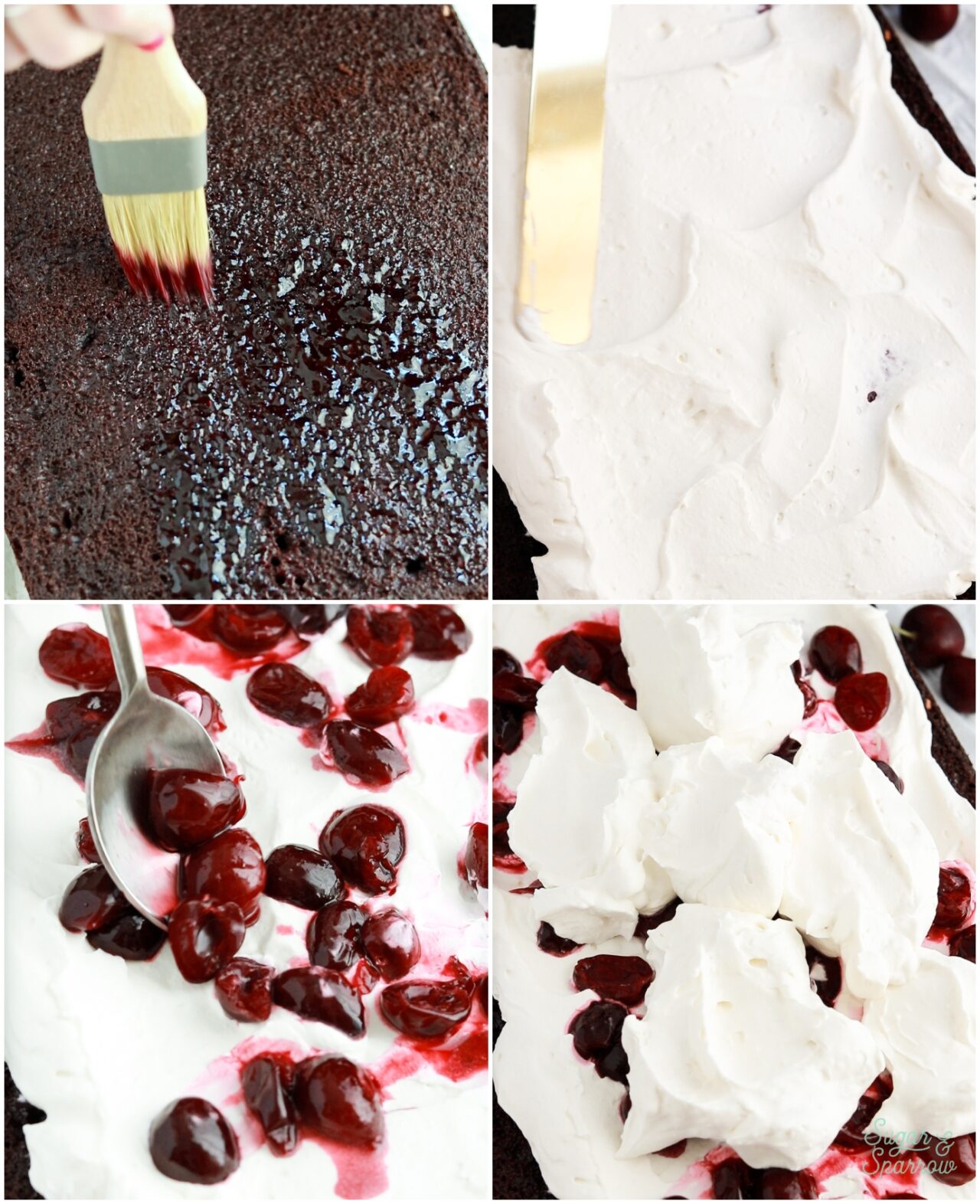 brushing cherry syrup onto chocolate cake, topping with cherry filling and whipped cream frosting
