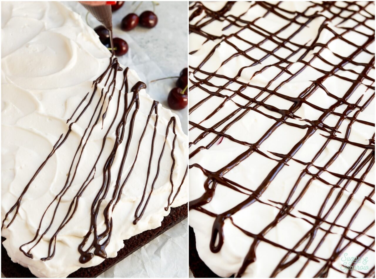 adding ganache drizzle onto whipped cream frosting
