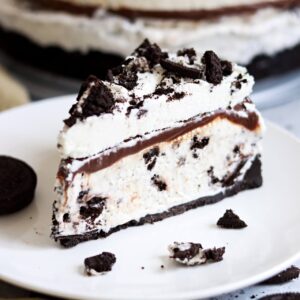 cookies and cream ice cream cake slice on a plate