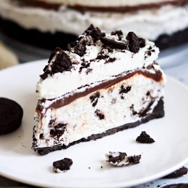 cookies and cream ice cream cake slice on a plate