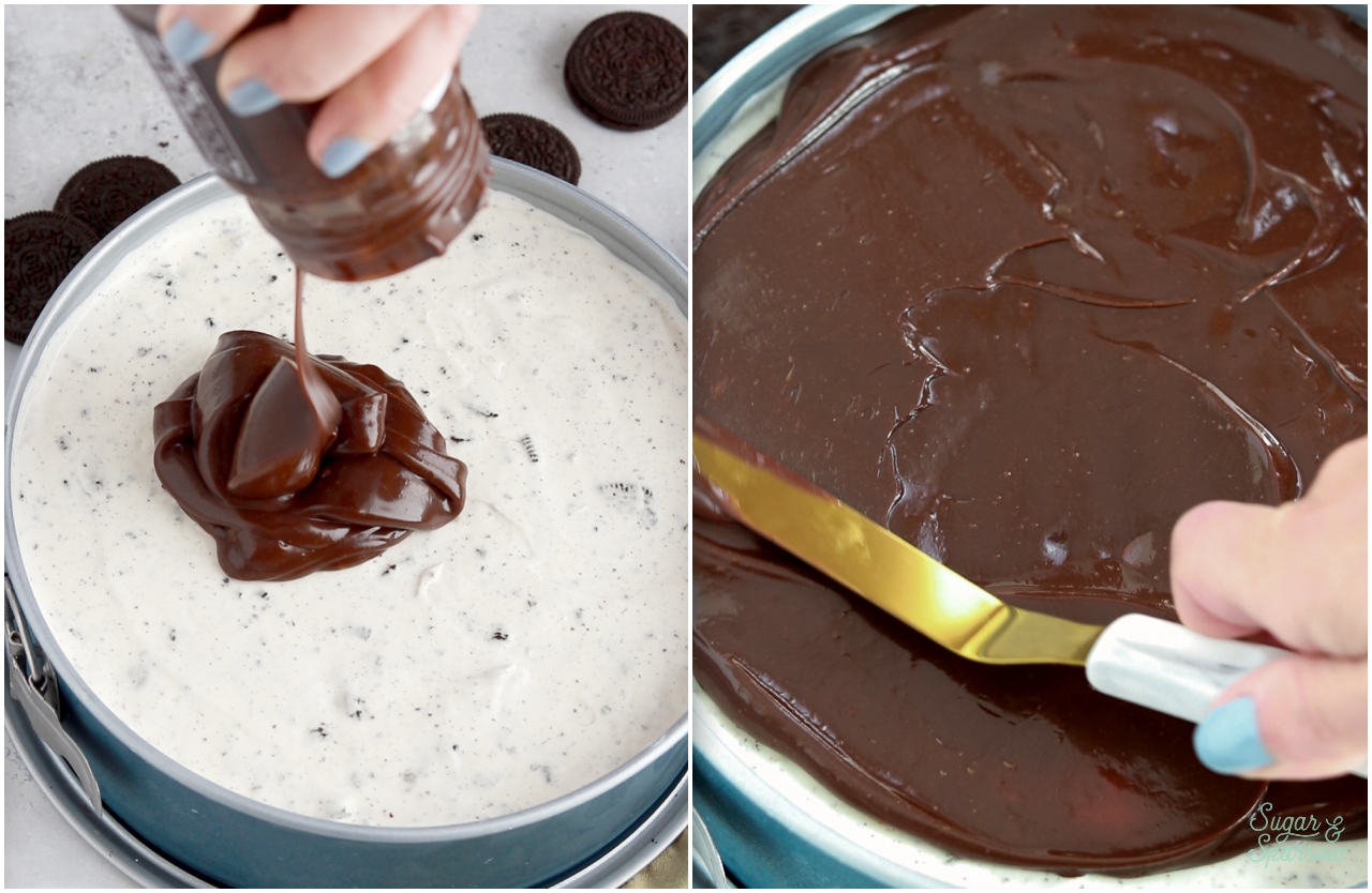 adding hot fudge layer to ice cream cake