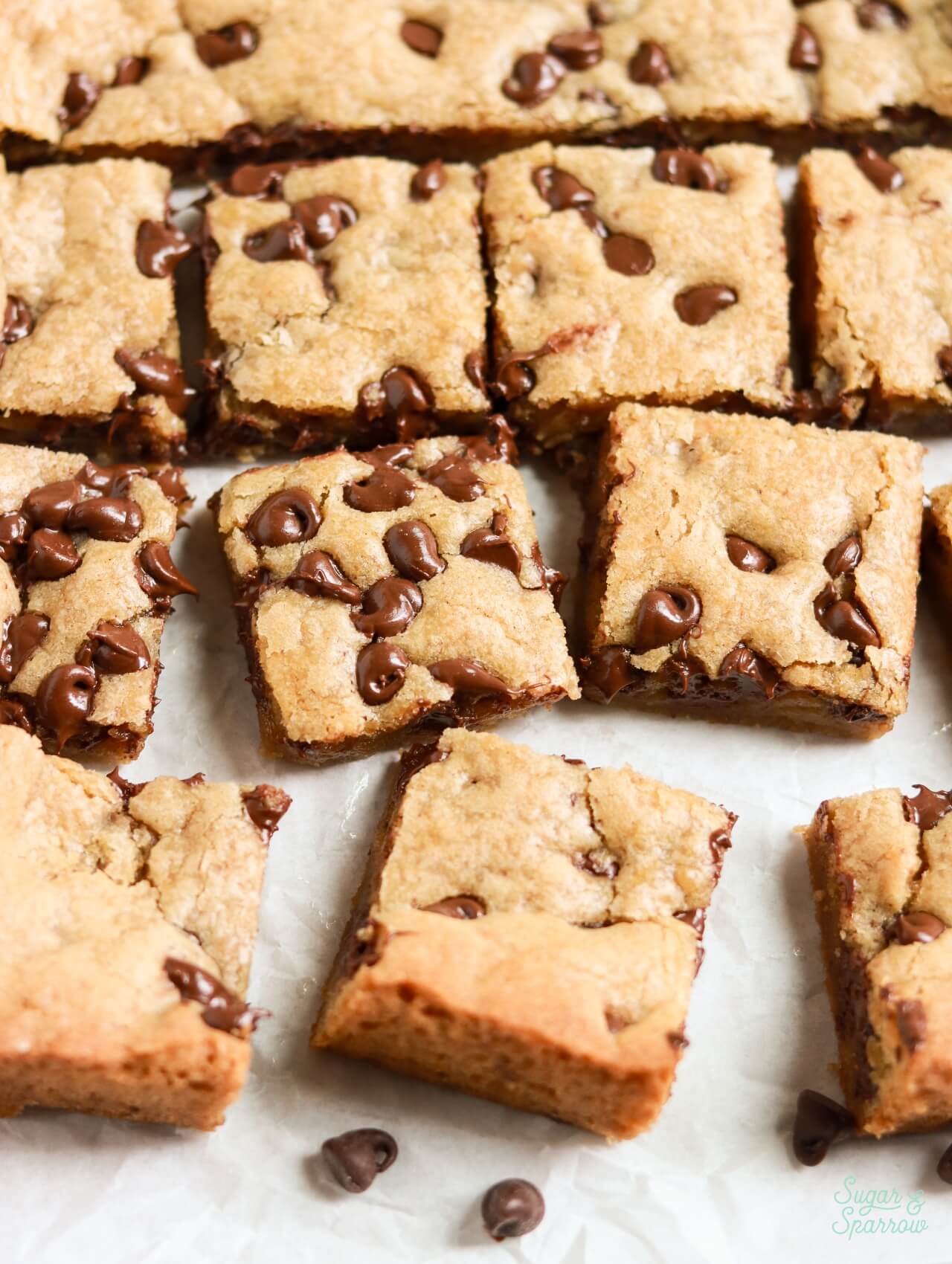 brown butter chocolate chip cookie bars cut into squares