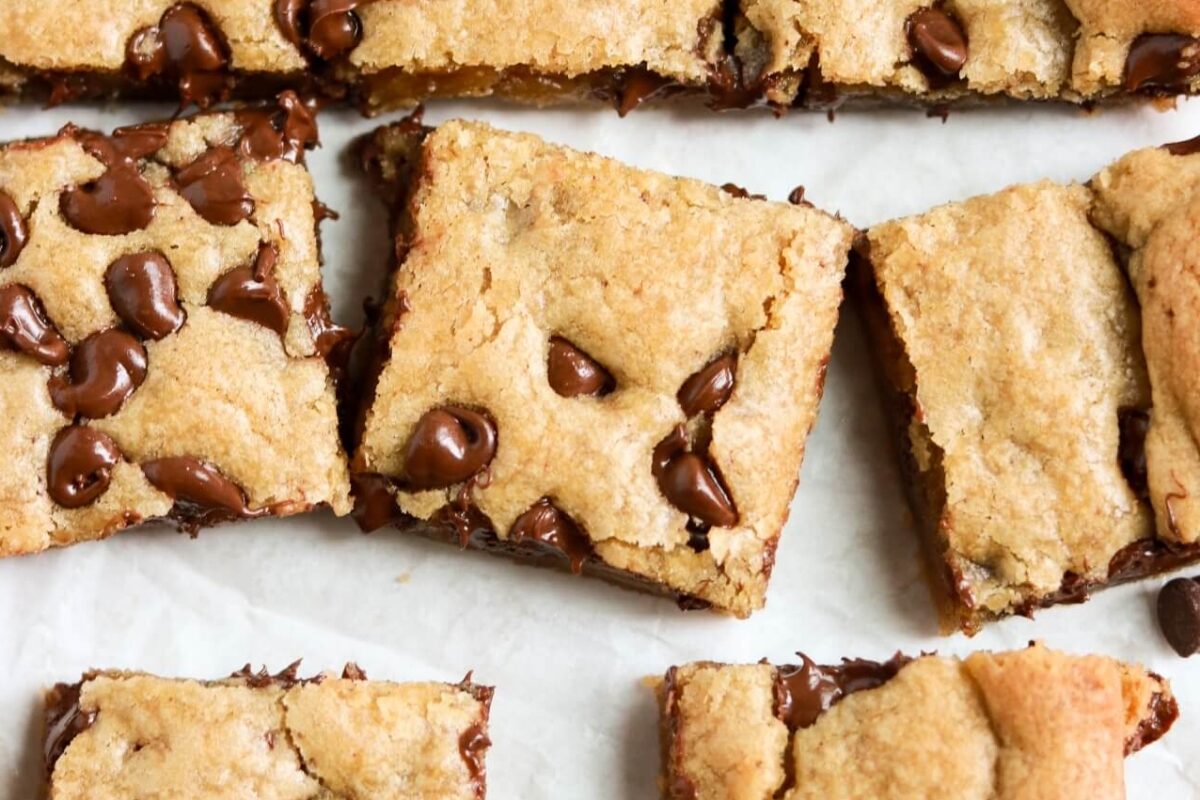 brown butter chocolate chip cookie bars sliced into squares