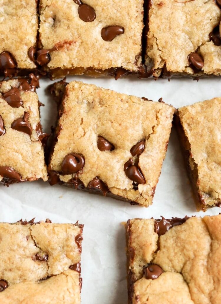 brown butter chocolate chip cookie bars sliced into squares