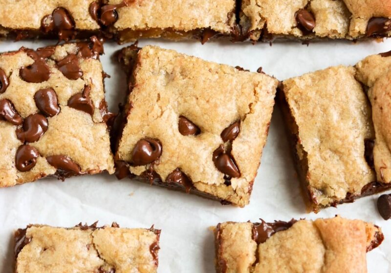 brown butter chocolate chip cookie bars sliced into squares